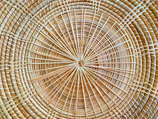 Round braided natural straw table mat texture as a background. Full frame of tightly woven straw pattern.with space for text, for a background.
