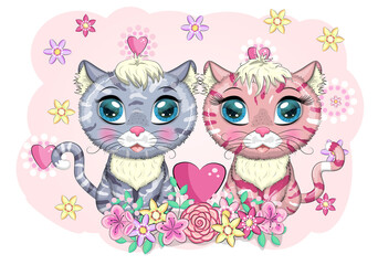 Fototapeta premium Cute cartoon cat, kitty couple in love, decorated with flowers, heart. Valentine's day concept.