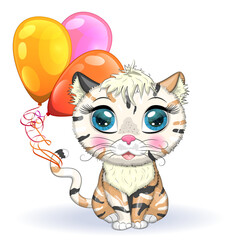 Yellow and spotted cat with beautiful eyes among flowers and balloons in cartoon style, colorful illustration for children. Greeting card