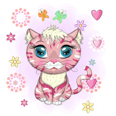 Pink and spotted cat with beautiful eyes in cartoon style, colorful illustration for children.