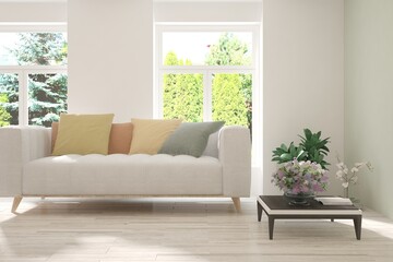 White living room with sofa and summer landscape in window. Scandinavian interior design. 3D illustration