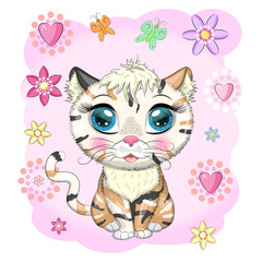Yellow and spotted cat with beautiful eyes among flowers and balloons in cartoon style, colorful illustration for children. Greeting card