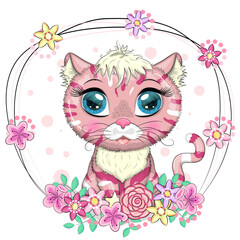 Pink and spotted cat with beautiful eyes in cartoon style, colorful illustration for children.