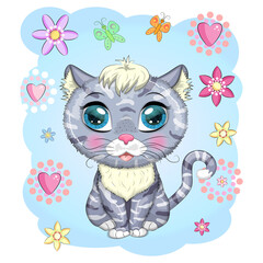 Cat boy gray and spotted with beautiful eyes among flowers and balloons in cartoon style, colorful illustration for children. Greeting card