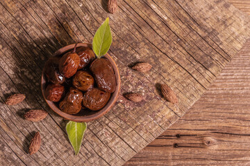 Sun-dried olives in a ceramic bowl