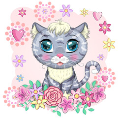 Cat boy gray and spotted with beautiful eyes among flowers and balloons in cartoon style, colorful illustration for children. Greeting card