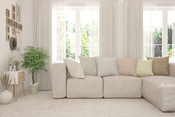 White living room with sofa and summer landscape in window. Scandinavian interior design. 3D illustration