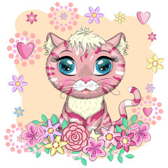 Pink and spotted cat with beautiful eyes in cartoon style, colorful illustration for children.