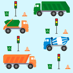  Seamless pattern with garbage truck, skip loader truck, concrete mixer truck, lorry truck, traffic light, trash can. Vector illustration.