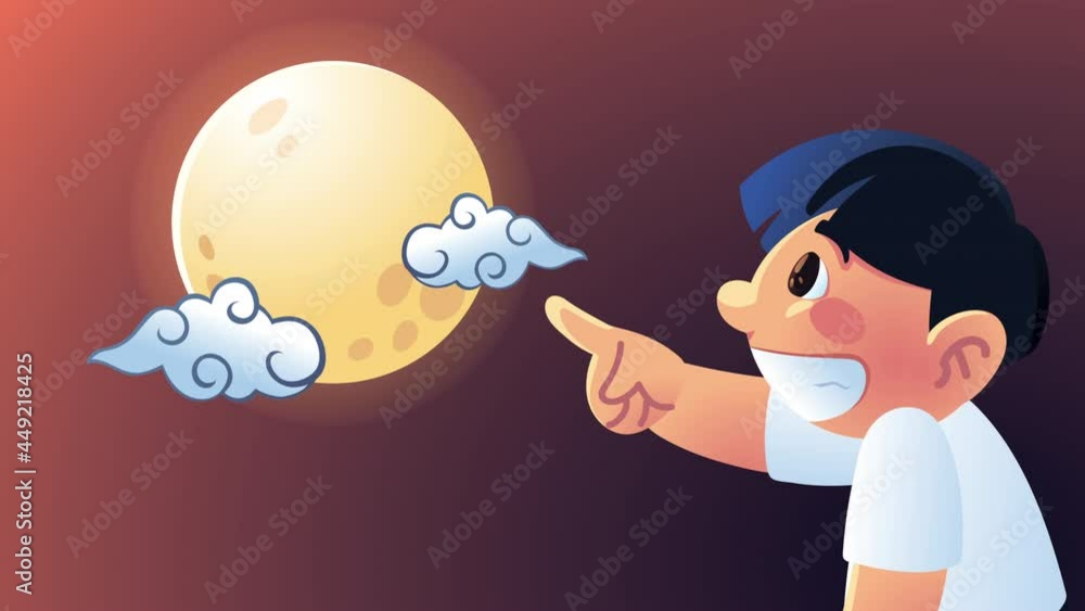 Poster cute little boy indexing the moon