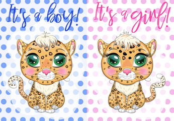 Leopard with beautiful eyes in cartoon style, colorful illustration for children. Leopard cat with characteristic spots