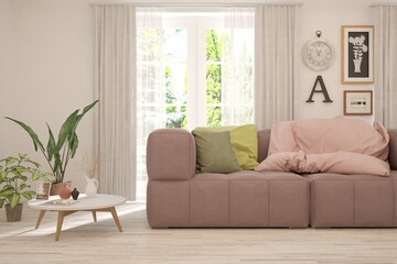 Stylish room in white color with sofa and summer landscape in window. Scandinavian interior design. 3D illustration