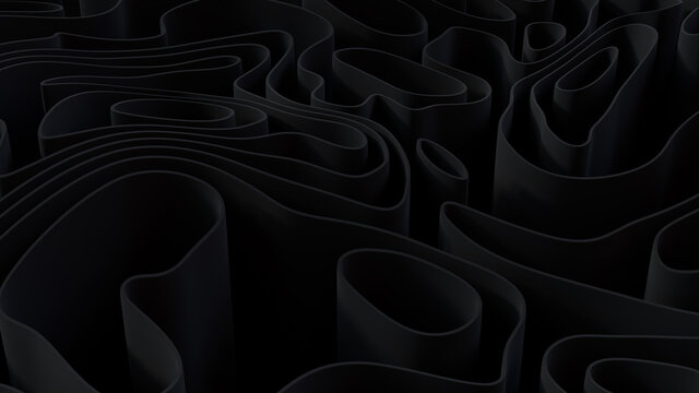 Black 3D Undulating lines ripple to make a Dark abstract wallpaper. 3D Render.  