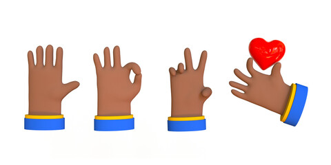 Set of 3d Black Hands
 gestures and holding heart. Trendy 3d illustration on white background