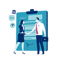 New employee. Agreement. Business people shaking hand in front of a signed contract. Business illustration
