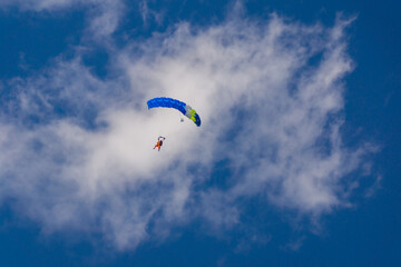blue parachute against the background of blue sky and clouds