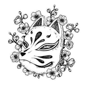 Kitsune mask with sakura flower hand drawn vector illustration. Traditional japanese demon. Tattoo print. Hand drawn illustration for t-shirt print, fabric and other uses.