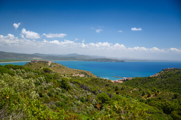 view from Monte Argentario over the Tyrrhenian Sea and coastline with Porto Ercole