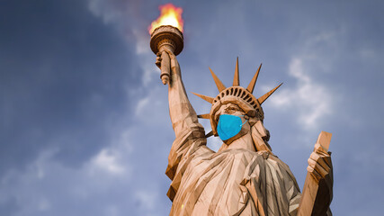 Illustration of the Statue of Liberty wearing a facemask under the cloudy sky, coronavirus pandemic