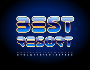 Vector travel promo Best Resort. Blue and Gold Alphabet Letters and Numbers set. Luxury modern Font