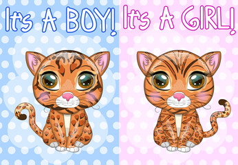 Baby Shower greeting card with Cute boy and girl. Cartoon Bengal cat with expressive eyes. Wild animals, character, childish style