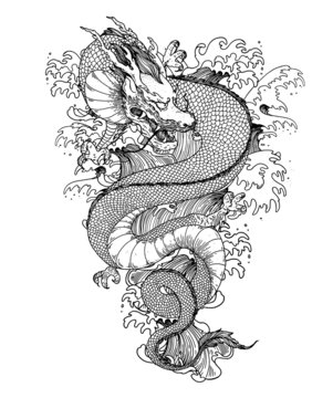 Chinese dragon with sea waves hand drawn vector illustration. Tattoo print. Hand drawn sketch illustration for t-shirt print, fabric and other uses.