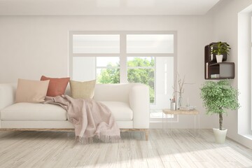 Stylish room in white color with sofa and summer landscape in window. Scandinavian interior design. 3D illustration