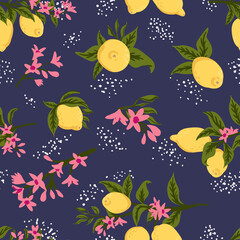 Obraz na płótnie Canvas Summer tropical seamless pattern with colorful lemons and flowers.Vector citrus fruits background. Modern exotic floral design for paper, cover, fabric, interior decor and other users.