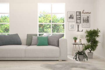 White living room with sofa and summer landscape in window. Scandinavian interior design. 3D illustration