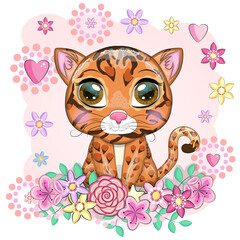 Bengal cat with beautiful eyes in cartoon style, hybrid, colorful illustration for children