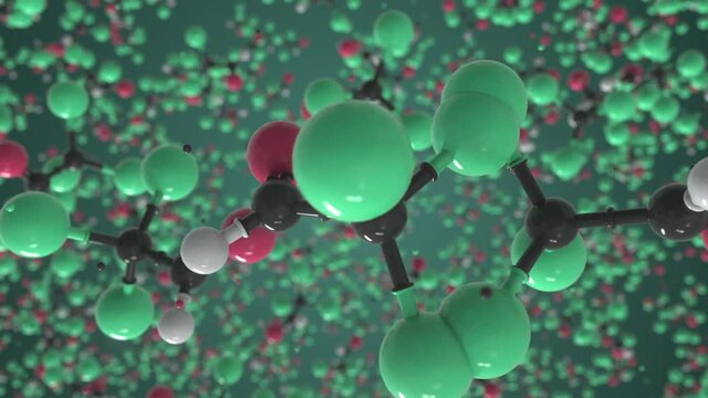 Chloral molecule, conceptual molecular model. Chemical looping 3d animation
