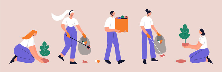 Set of people collecting garbage into trash bags. Eco-volunteers clean the polluted environment from garbage and plant trees. Flat vector illustration on isolated background. Eps 10.