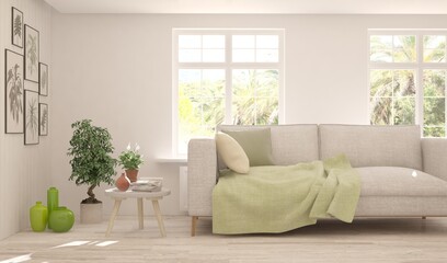 White living room with sofa. Scandinavian interior design. 3D illustration