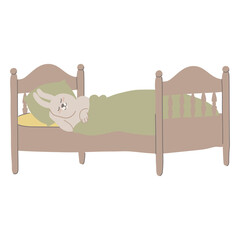 Cute baby hare is sleeping in his bed. Happy sweet little boy. Concept with character in flat style.