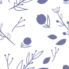Simple monochrome floral pattern in doodle style with blue berries and leaves. Cute floral background.