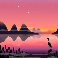 Fototapeta premium Vector illustration,scene, landscape with pink,purple,violet sunset,sunrise.Reflection and fog on the water.Mountains,hills in the background.Silhoutte of bird,gret,aigrette or heron. Romantic print.