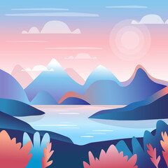 Fototapeta na wymiar A beautiful vector landscape, scene, view with silhouettes of mountains and hills, plants, leaves, and foliage with soft sunrise in the background. Soft, sweet pink, coral, and blue colors. Gradients.