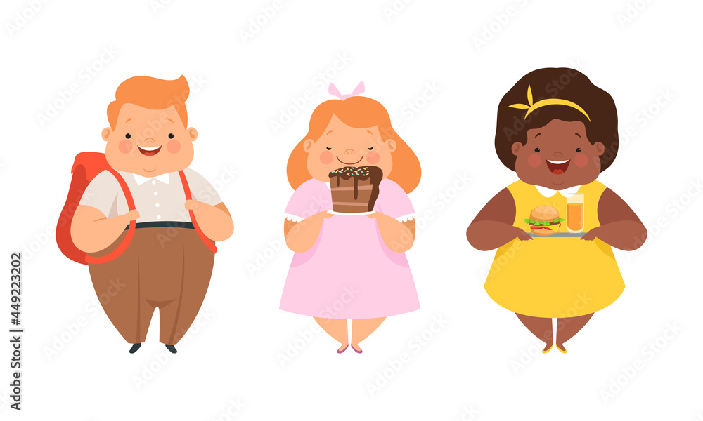 Poster Overweight Little Children with Extra Body Fat Overeating Unhealthy Food Vector Set