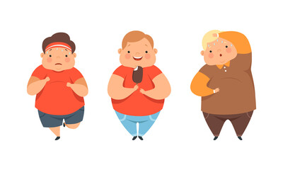 Overweight Little Children with Extra Body Fat Overeating Unhealthy Food Vector Set - obrazy, fototapety, plakaty