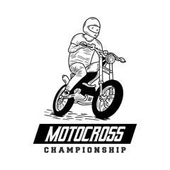 Motocross championship hand drawn illustration, Motorcycle races, bikers club, motorbike riders motor sport, vector icon. Motorcycle racing and speed retro grunge t-shirt print.