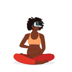 Pregnant african black woman practice VR yoga isolated. Vector illustration