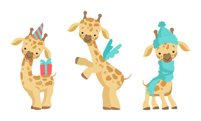 Cute Spotted Baby Giraffe with Long Neck Wearing Scarf and Carrying Gift Box Vector Set