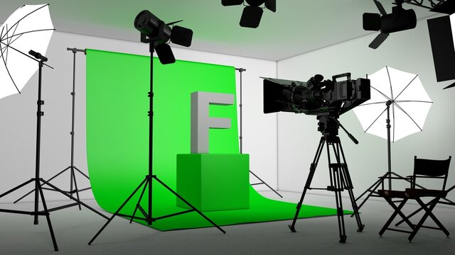 3D illustration of photo studio equipment setup with the letter F on a green screen