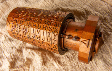 Opened brass cryptex invented by Leonardo da Vinci from the book da vinci code. Cryptographic...