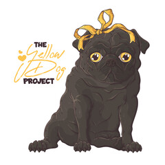 Hand drawn dog portrait with yellow ribbon Vector.