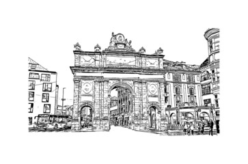 Building view with landmark of Innsbruck is the 
city in Austria. Hand drawn sketch illustration in vector.