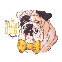 Hand drawn dog portrait with yellow ribbon Vector.