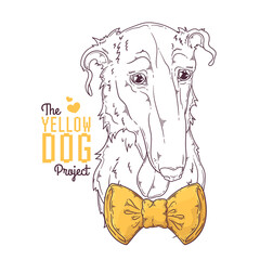 Hand drawn dog portrait with yellow ribbon Vector.