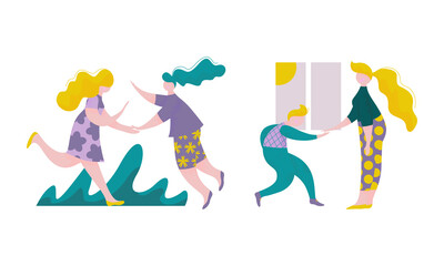 People Character Giving High Five Interacting with Each Other Vector Set