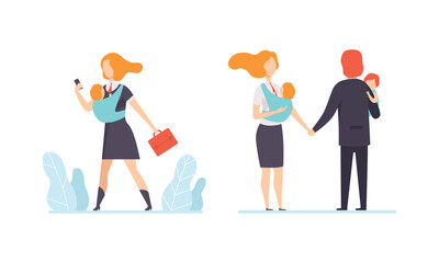 Man and Woman Parent Working and Nursing Children Combining Job and Family Duty Vector Set